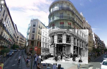 A Google Street View recreation of Madrid's Calle Mayor in 1937 and today.