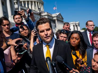Republican Congressman Matt Gaetz, addressing journalists this Monday on the steps of the Capitol in Washington.