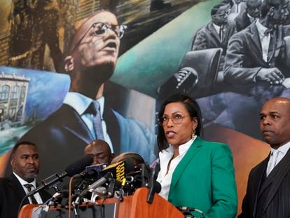 Ilyasah Shabazz, a daughter of Malcolm X, second from right, speaks during a news conference at the Malcolm X & Dr. Betty Shabazz Memorial and Educational Center in New York, Tuesday, Feb. 21, 2023.