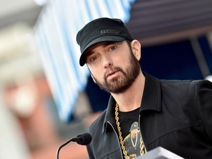 Eminem at the unveiling of rapper 50 Cent’s star on the Hollywood Walk of Fame in 2020.