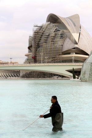 A worker cleaning the pond at the City of Arts and Sciences in Valencia.