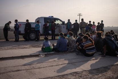 Migrants arrested by the Border Patrol after crossing the Río Grande on March 17.