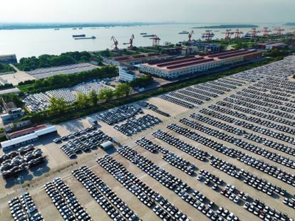 Cars await transportation for sale at Wuhu port in China's Anhui province in August 2023.