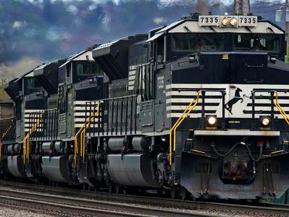 A Norfolk Southern freight train makes it way through Homestead, Pennsylvania, on April 27, 2022.