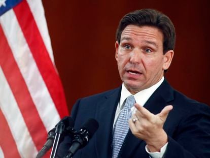 Florida Governor Ron DeSantis answers questions from the media following his State of the State address on March 7, 2023, at the Capitol in Tallahassee, Florida.