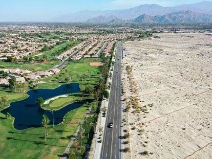 A residential estate with golf course in the middle of the desert in Palm Springs, California.