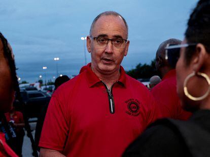 Shawn Fain, president of the United Auto Workers union, pictured in July at a plant in Sterling Heights, Michigan.