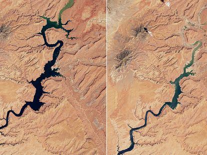NASA images of Lake Powell in the Castle Butte area, on August 16, 2017 (l) and on August 6, 2022 (r).
