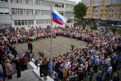 Flag-raising ceremony at a school in the Moscow suburb of Nakhabino.