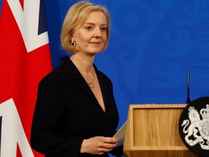 British PM Liz Truss arriving at a news conference on the economy on October 14.