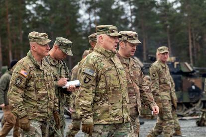 Gen. Mark Milley meets with the U.S. Army leaders responsible for the collective training of Ukrainians at Grafenwoehr Training Area, in Germany, on Monday, Jan. 16.