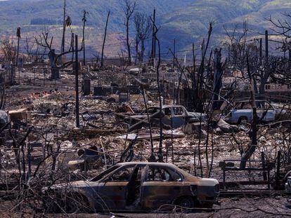 Fire damage is shown in the Wahikuli Terrace neighborhood in the fire ravaged town of Lahaina on the island of Maui in Hawaii, U.S., August 15, 2023.