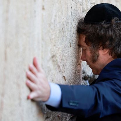Argentina's President Javier Milei visits the Western Wall, Judaism's holiest prayer site during his tour in Jerusalem's Old City, February 6, 2024.