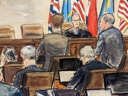 Artist sketch: Dominion Voting Systems attorney Justin Nelson, standing left, and Fox News attorney Daniel Webb, standing at right, speaking to Judge Eric Davis before finishing jury selection in Delaware Superior Court Tuesday