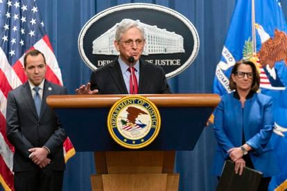 U.S. Attorney General Merrick Garland at the press conference Thursday in which he announced the lawsuit against Apple.