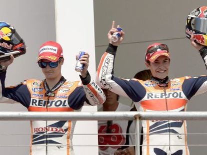 Marc Marquez and teammate Dani Pedrosa of Spain celebrate their one-two finish at Grand Prix of the Americas. 