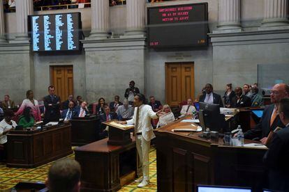 Rep. Justin Jones speaks at the Tennessee's House of Representatives on the day it is scheduled to vote to expel three Democratic members for their roles in a gun control demonstration at the statehouse last week, in Nashville, Tennessee