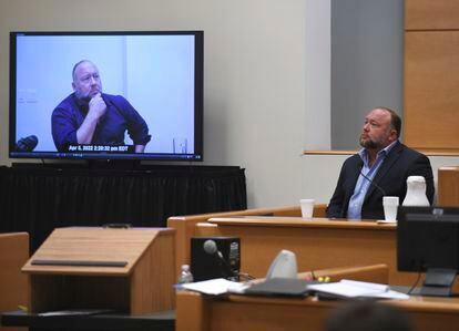 Alex Jones testifying during his trial for defaming the families of Sandy Hook victims, in Waterbury, Connecticut, on September 22, 2022. 