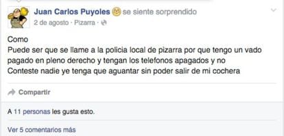One of Puyoles’ posts on Facebook complaining about not being able to reach the police.
