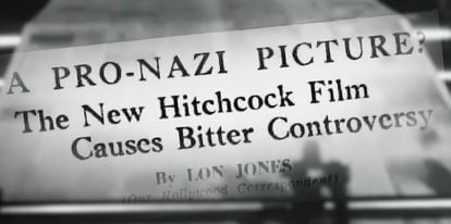 Caption: An image from the documentary 'Le film pro-nazi d'Hitchcock.' It shows a 1944 headline from an Australian newspaper that highlighted the controversy.   

