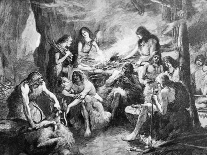Cave-dwelling people cooking meat in a 19th-century illustration