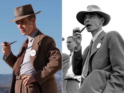 Cillian Murphy as Robert Oppenheimer in the Christopher Nolan film (l), and the real Oppenheimer at an atomic test near Alamogordo, New Mexico, in September 1945.