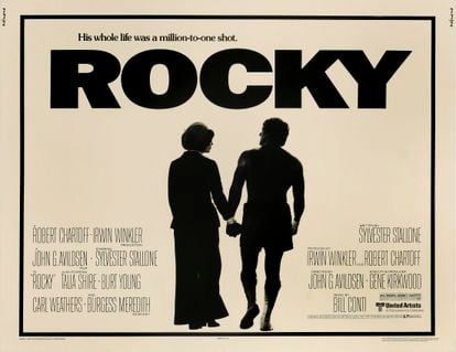 The original 'Rocky' poster with the silhouettes of Talia Shire and Sylvester Stallone.