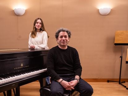 Gustavo Dudamel and his wife, Maria Valverde, at a break in 'Fidelio' on Tuesday at the Walt Disney Concert Hall in Los Angeles