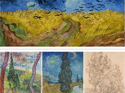 A composition of the Van Gogh works exhibited in Amsterdam (above) and New York (below).