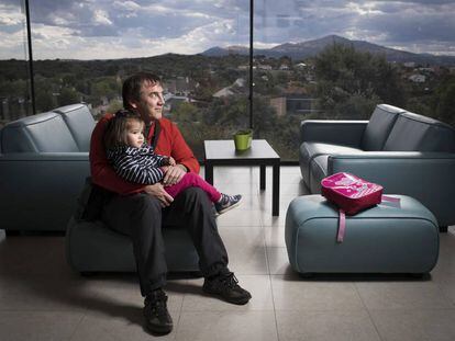 Jesús Fuente, 46, and his three-year-old daughter Irene, who live in Venturada, a town whose population has quadrupled in the past 20 years and now stands at 2,032.