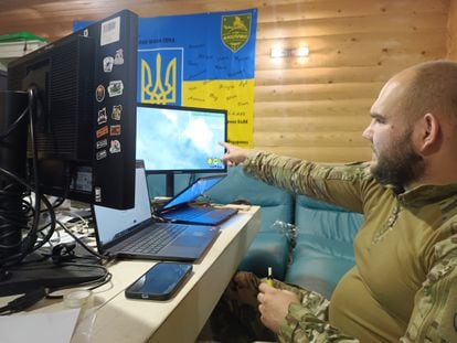 Gansk, the commander of a Ukrainian drone unit, in his control center.