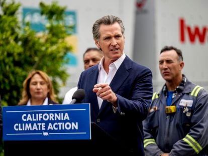 California Gov. Gavin Newsom speaks during a press conference in Paramount Calif., on Monday, May 1, 2023.