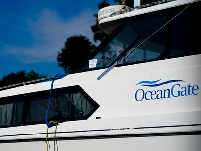 A boat with the OceanGate logo, docked next to the company's headquarters in Everett, Washington, Thursday.