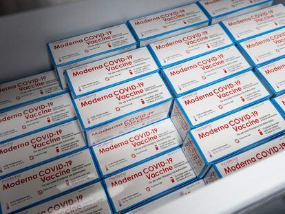 Moderna Covid-19 vaccines are stored in a freezer in Virginia.