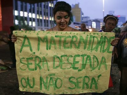 Protesters participate in demonstration as part of the Latin American and Caribbean Day of Struggle for Legalization of Abortion, on September 28, 2018. Sign reads: “Maternity will be desired or not happen at all.”