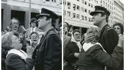 On the left is a photo taken by Jorge Sánchez, which shows Police Commissioner Carlos Enrique Gallone blocking the path of the Mothers of the Plaza de Mayo, during a protest in Buenos Aires on October 5, 1982. On the right is a photo taken by Marcelo Ranea, which was subsequently misrepresented and distributed by Argentina’s military dictatorship