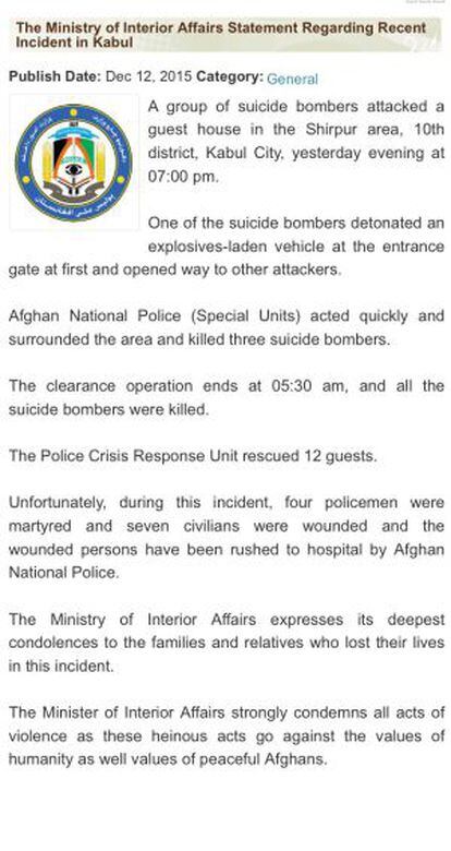 An Afghan government statement on the embassy attack.