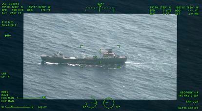 This image from a video provided by the US Coast Guard District 14 Hawaii Pacific and dated January 2023 shows a Russian ship patrolling off the coast of Hawaii.
