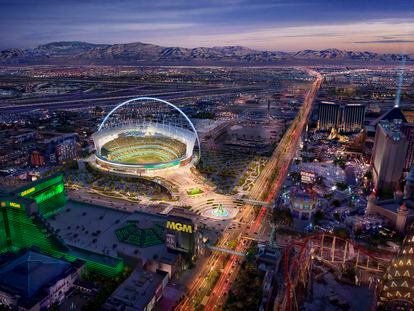 This rendering provided by the Oakland Athletics on May 26, 2023, shows a view of their proposed new ballpark at the Tropicana site in Las Vegas.