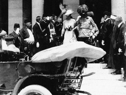 Archduke Franz Ferdinand and his wife Sophie just minutes before their assassination in Sarajevo on June 28, 1914, an act that triggered World War I.