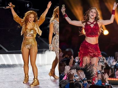 This combination of photos shows Shakira performing during the halftime show at the NFL Super Bowl 54 football game between the San Francisco 49ers and Kansas City Chiefs', on Feb. 2, 2020, in Miami Gardens, Fla.