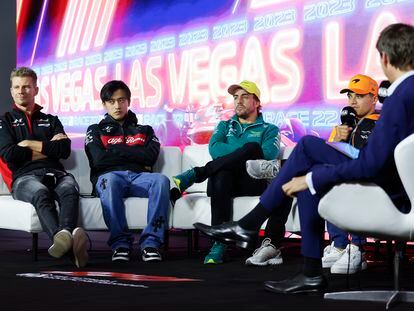 (L-R) Nico Hulkenberg of Haas, Zhou Guanyu of Alfa Romeo, Fernando Alonso of Aston Martin and Lando Norris of McLaren in Las Vegas, Nevada, 15 November 2023.