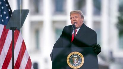 President Donald Trump speaks during a rally protesting the electoral college certification of Joe Biden as President in Washington, Jan. 6, 2021.