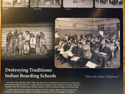 Photos of students in a classroom are seen on display in a museum at the former Genoa Indian Industrial School, Thursday, Oct. 27, 2022, in Genoa, Neb.