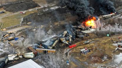 This photo taken with a drone shows portions of a Norfolk Southern freight train that derailed February 3, in East Palestine, Ohio.
