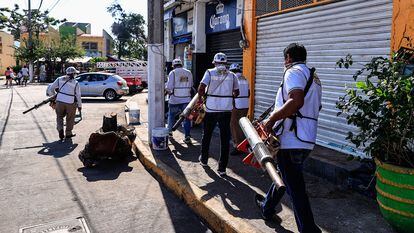 Workers fumigating for dengue-transmitting mosquitoes in Acapulco (Mexico).