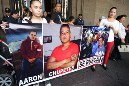 Families of the missing 12 youths hold a protest on Sunday in front of the Mexico City&rsquo;s government building.