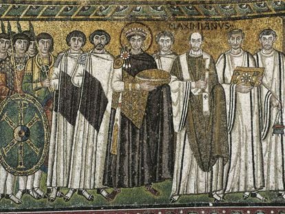 A sixth-century mosaic of Byzantine ruler Justinian and his court in the church of San Vitale in Ravenna, Italy.
