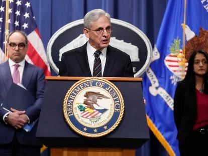 Attorney General Merrick Garland, joined by Associate Attorney General Vanita Gupta and Assistant Attorney General Jonathan Kanter of the Justice Department's Antitrust Division, speaks at the Department of Justice in Washington, Tuesday, Jan. 24, 2023.