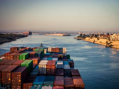 A container ship crosses the Suez Canal.